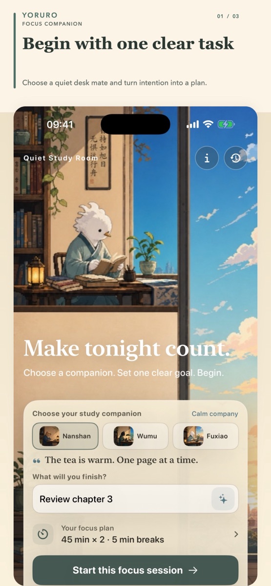 Yoruro iPhone focus timer with a quiet desk mate and study plan